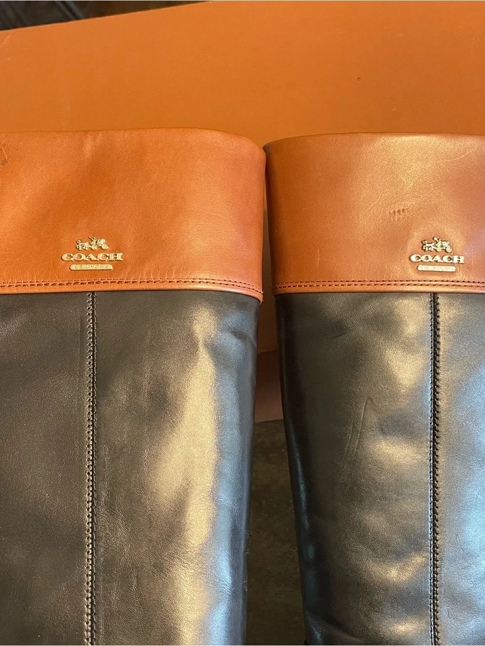 Coach Black Leather Tall Riding Boots with Brown Cuff - Picture 4 of 6